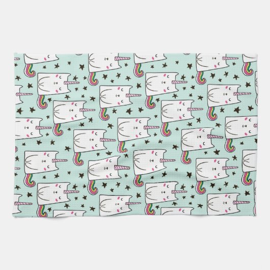Cute Hand Drawn Unicorn Cat Pattern Theedoek (Horizontaal)
