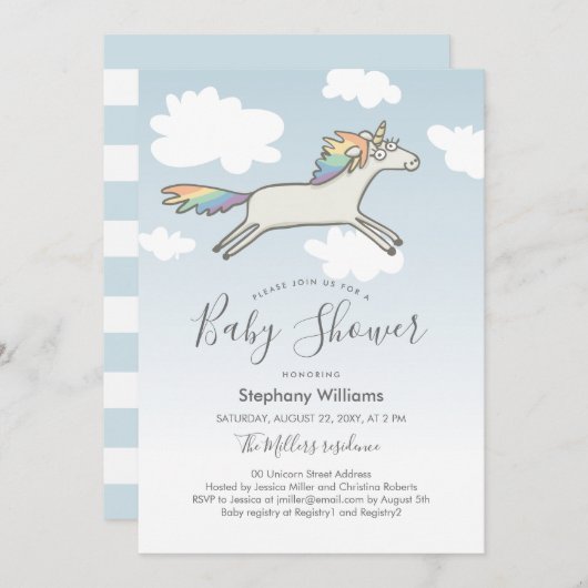 Cute Hand Drawn Unicorn Rainbow Baby shower Invite Kaart (Voorkant / Achterkant)