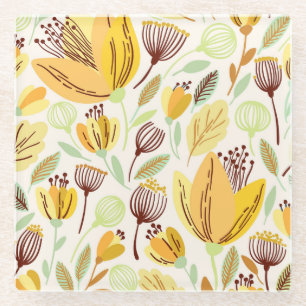 Cute Hand Drawn Yellow Floral Pattern Glazen Onderzetter