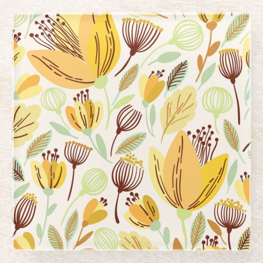 Cute Hand Drawn Yellow Floral Pattern Glazen Onderzetter (Voorkant)