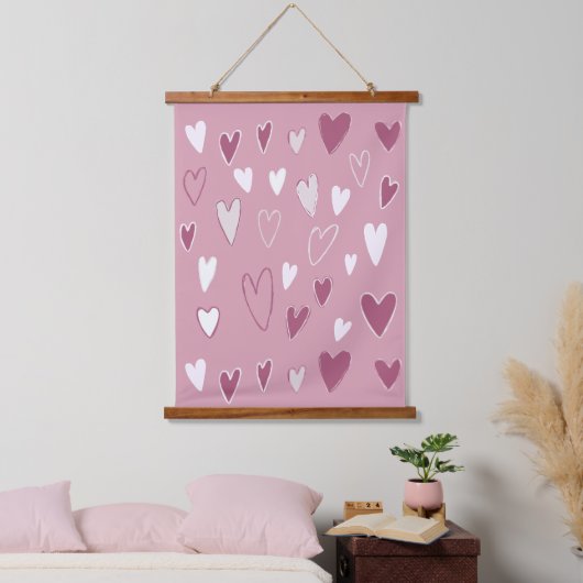 Cute Hand Getekende Harten Roze Wit Hangend Wandkleed (Slaapkamer)
