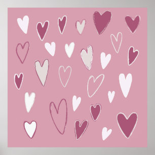 Cute Hand Getekende Harten Roze Wit Poster