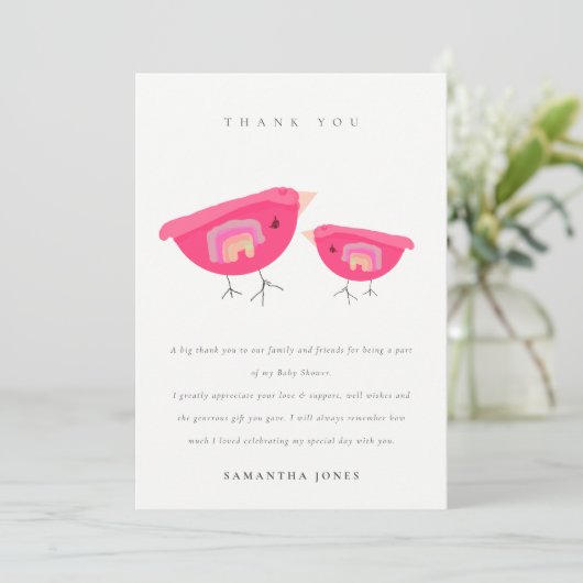Cute Hand Getekende Regenboog Roze Vogeltje Baby S Bedankkaart (Staand voorkant)