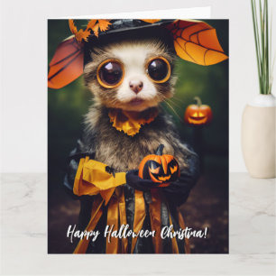 Cute Handmade Style Autumn Pumpkin Halloween Cat Kaart