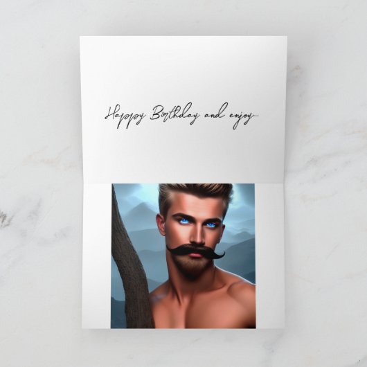 Cute Handsome Mustache Blue Eyed Man Birthday Kaar Kaart (Binnen)