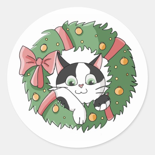 Cute Hanging Christmas Cartoon Kitty Ronde Sticker (Voorkant)