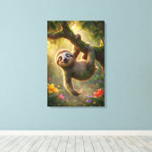 Cute Hanging Sloth 3D Cartoon Jungle Canvas Print (Insitu (Houten vloer))