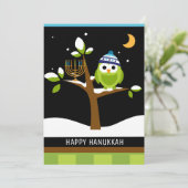 Cute Hanukka-uil & Menora Besneeuwde boom Feestdagenkaart (Staand voorkant)