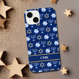 Cute Hanukkah Dreidel Menorah Blue Monogram iPhone 14 Hoesje