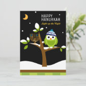 Cute Hanukkah Owl & Menorah Snowy Tree Feestdagenkaart (Staand voorkant)