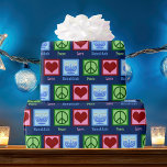 Cute Hanukkah Pattern Dark Blue Wrapping Paper Cadeaupapier<br><div class="desc">Peace Love Hanukkah pakt papier in donkerblauw aan voor een joodse persoon die graag Chanoeka viert. Een  vredesteken,  hart en een mooie menorah in een schattig patroon voor de vakantie.</div>