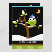 Cute Hanukkah-uil & Menorah Besneeuwde boom Feestdagenkaart (Voorkant / Achterkant)