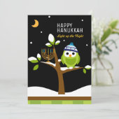 Cute Hanukkah-uil & Menorah Besneeuwde boom Feestdagenkaart (Staand voorkant)