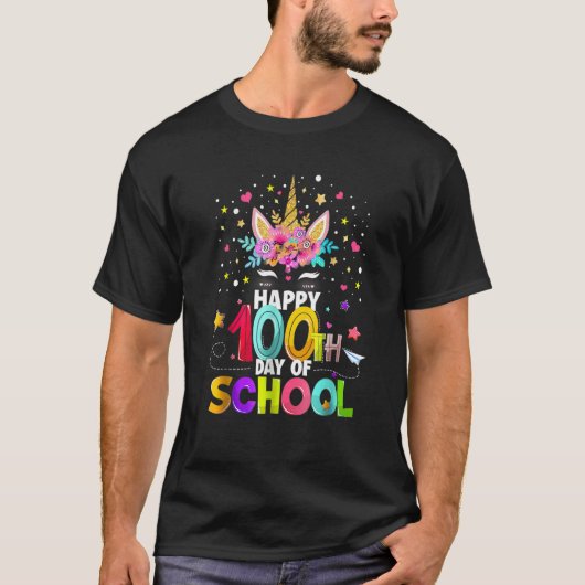 Cute Happy 100th Day Of School Unicorn Teacher Stu T-shirt (Voorkant)