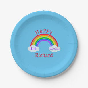 Cute Happy 1st Birthday Rainbow Blue Party Papieren Bordje