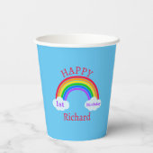 Cute Happy 1st Birthday Rainbow Clouds Blue Party Papieren Bekers (Achterkant)