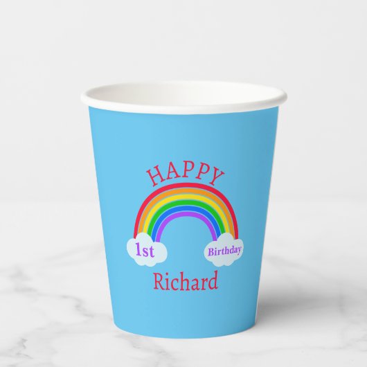 Cute Happy 1st Birthday Rainbow Clouds Blue Party Papieren Bekers (Achterkant)