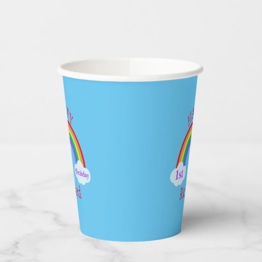Cute Happy 1st Birthday Rainbow Clouds Blue Party Papieren Bekers (Links)