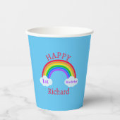 Cute Happy 1st Birthday Rainbow Clouds Blue Party Papieren Bekers (Voorkant)
