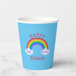 Cute Happy 1st Birthday Rainbow Clouds Blue Party Papieren Bekers