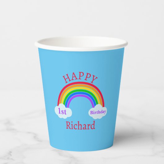 Cute Happy 1st Birthday Rainbow Clouds Blue Party Papieren Bekers (Voorkant)