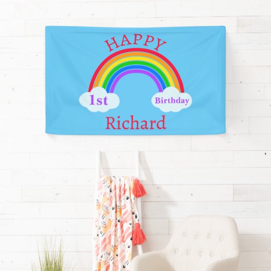 Cute Happy 1st Birthday Rainbow Clouds Blue Spandoek (Insitu)