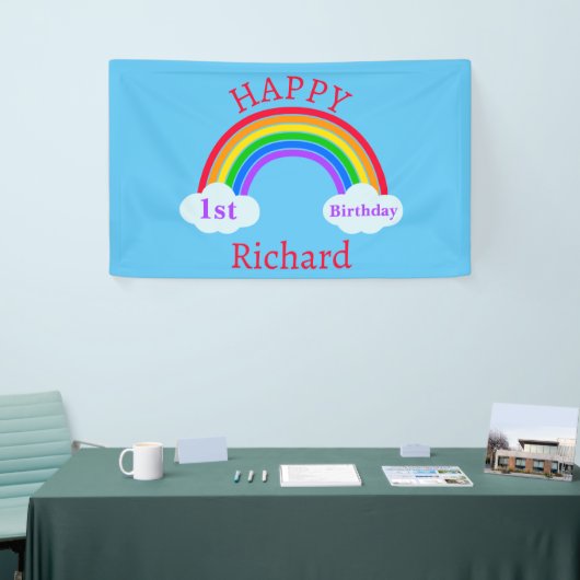Cute Happy 1st Birthday Rainbow Clouds Blue Spandoek (Beurs)
