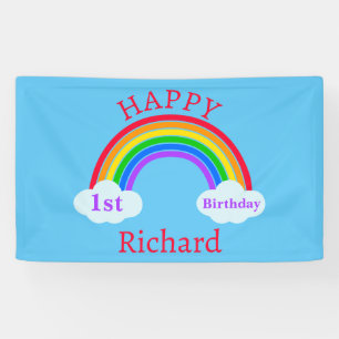 Cute Happy 1st Birthday Rainbow Clouds Blue Spandoek