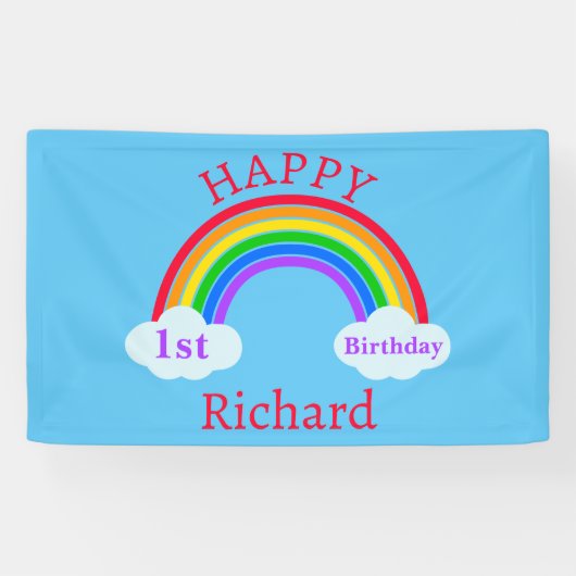 Cute Happy 1st Birthday Rainbow Clouds Blue Spandoek (Horizontaal)