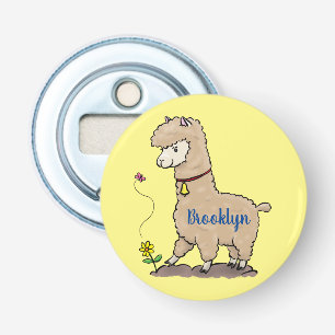 Cute happy alpaca met vlinder cartoon button flesopener