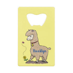 Cute happy alpaca met vlinder cartoon creditkaart flessenopener