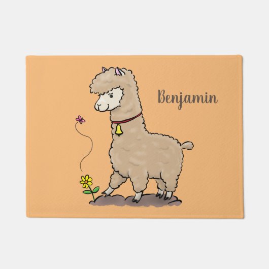 Cute happy alpaca met vlinder cartoon deurmat (Voorkant)