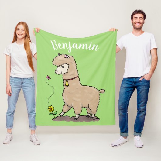 Cute happy alpaca met vlinder cartoon fleece deken (In situ)