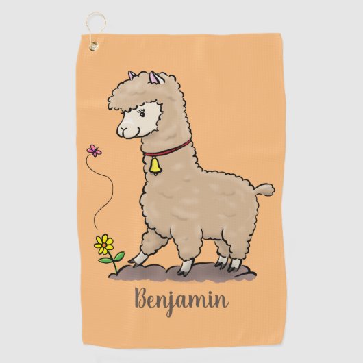 Cute happy alpaca met vlinder cartoon golfhanddoek (Voorkant)