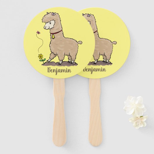 Cute happy alpaca met vlinder cartoon handwaaier (Voorkant en achterkant)