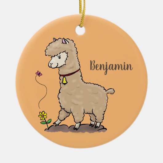 Cute happy alpaca met vlinder cartoon keramisch ornament (Voorkant)