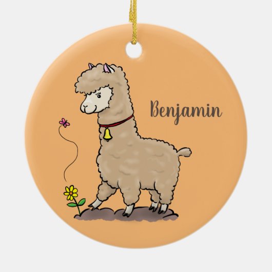 Cute happy alpaca met vlinder cartoon keramisch ornament (Achterkant)
