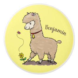 Cute happy alpaca met vlinder cartoon keramische knop