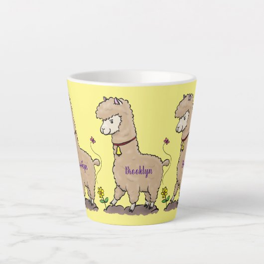 Cute happy alpaca met vlinder cartoon latte mok (Voorkant)