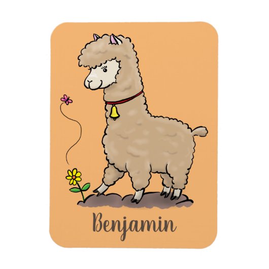 Cute happy alpaca met vlinder cartoon magneet (Verticaal)