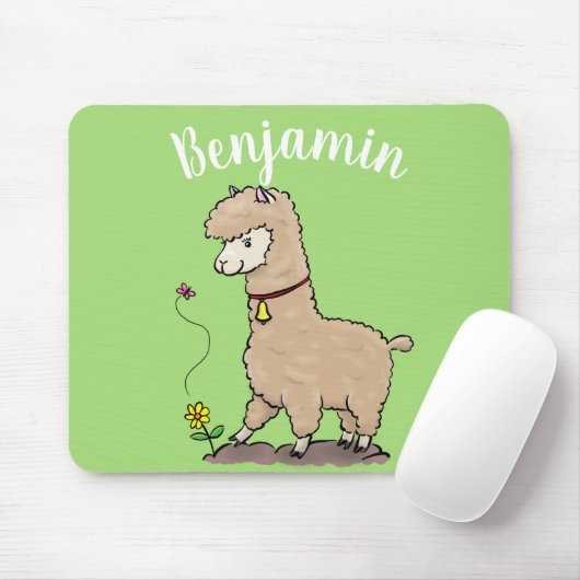 Cute happy alpaca met vlinder cartoon muismat (Met muis)