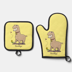 Cute happy alpaca met vlinder cartoon ovenwant & pannenlap set