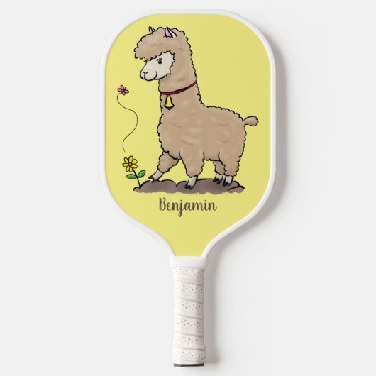 Cute happy alpaca met vlinder cartoon pickleball paddle (Voorkant)