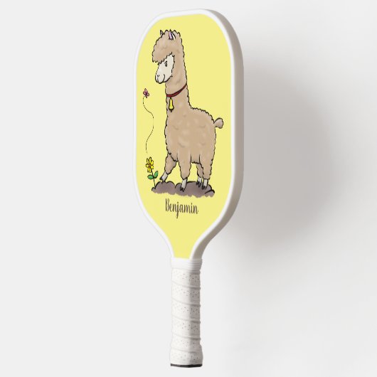 Cute happy alpaca met vlinder cartoon pickleball paddle (Links)