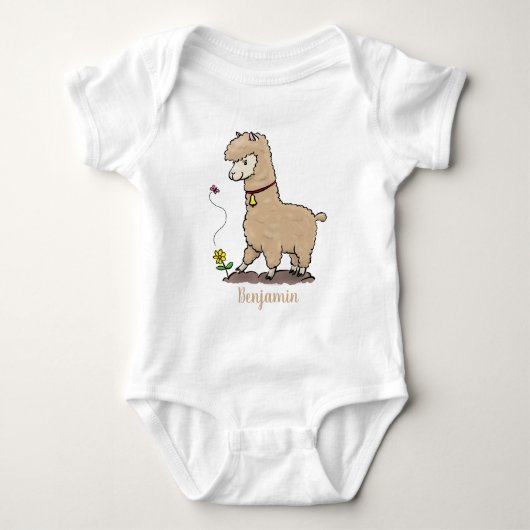Cute happy alpaca met vlinder cartoon romper (Voorkant)