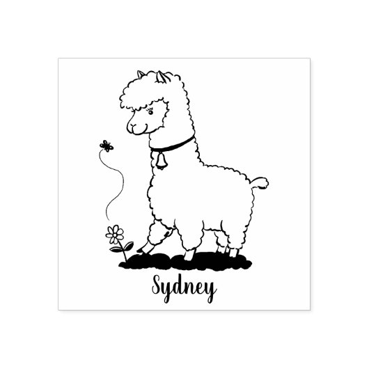Cute happy alpaca met vlinder cartoon rubberstempel (Afrduk)
