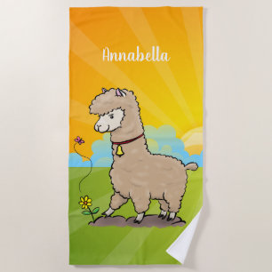 Cute happy alpaca met vlinder cartoon strandlaken
