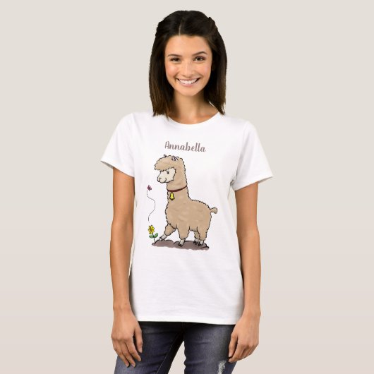 Cute happy alpaca met vlinder cartoon t-shirt (Voorkant volledig)