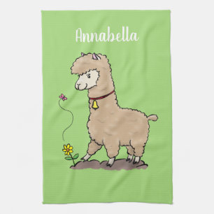 Cute happy alpaca met vlinder cartoon theedoek