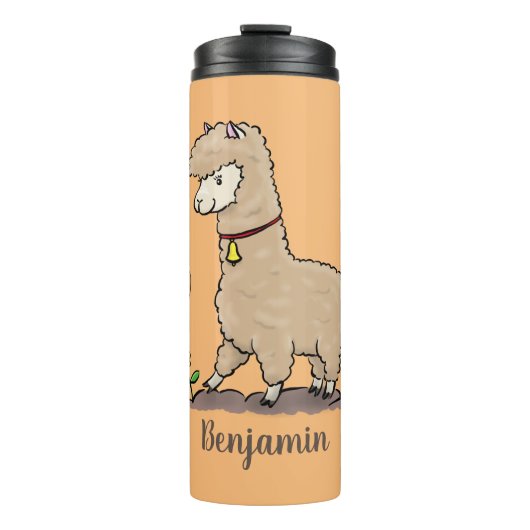 Cute happy alpaca met vlinder cartoon thermosbeker (Voorkant)